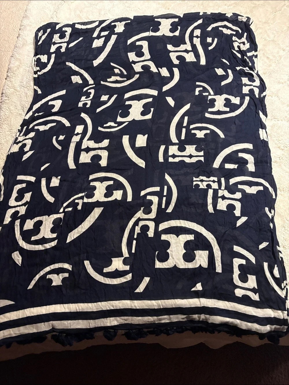 Tory Burch Navy and White Logo-Print Lightweight Scarf